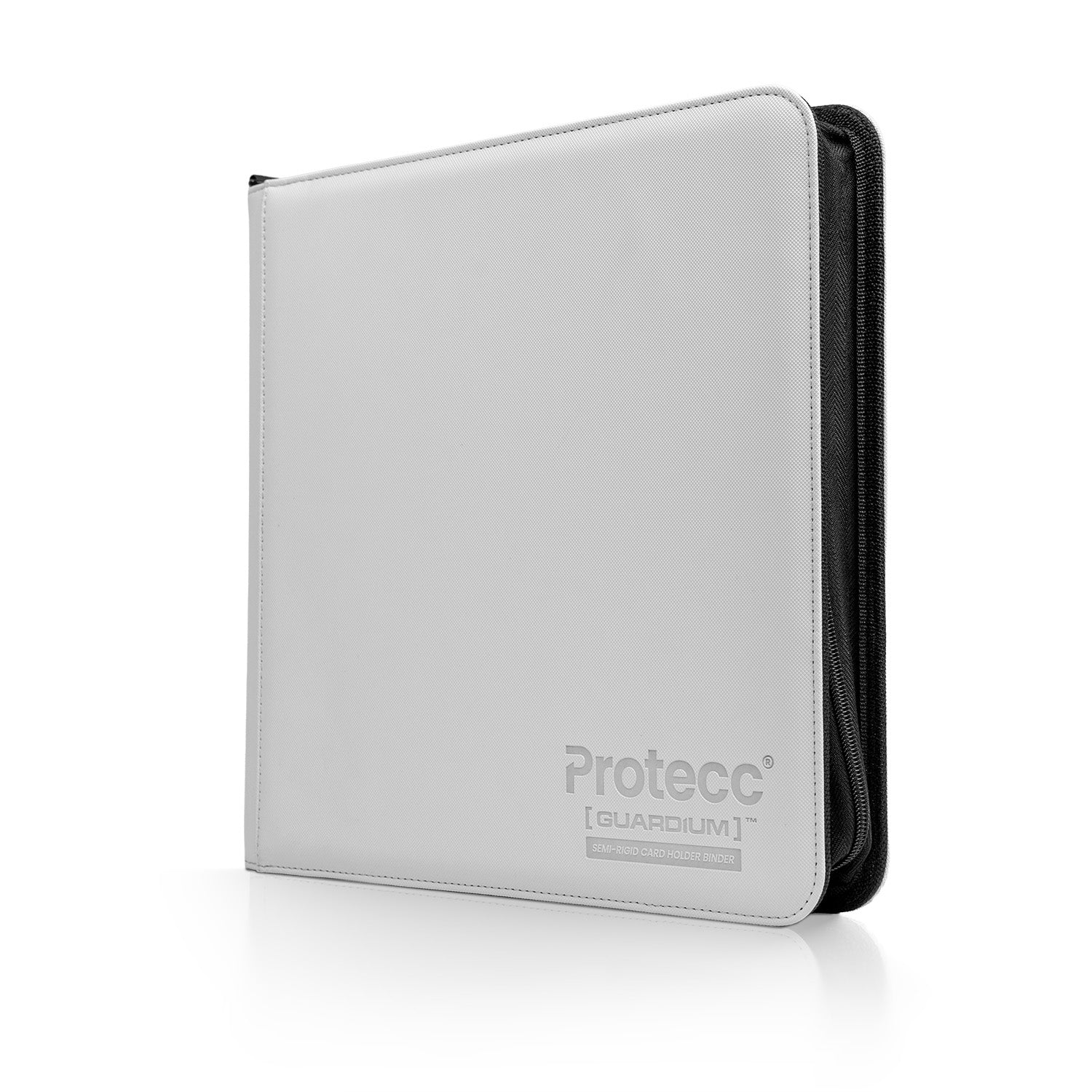 A light gray zippered card protector case with a black zipper edge, featuring the 'Protecc [GUARDIUM]' logo on the front, set against a clean white background.