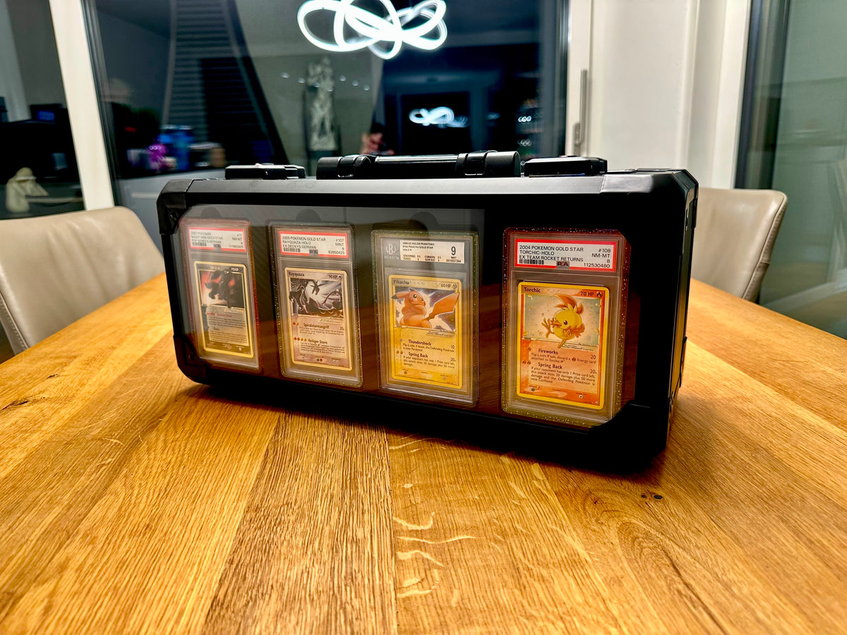 Four front display slots for graded cards with Slab Guards